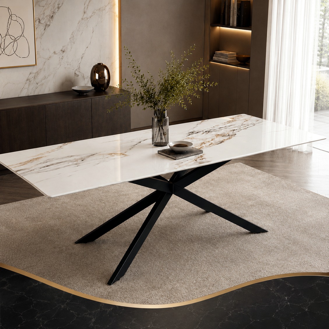 Mesa ZAYAMP en piedra sinterizada, ambientada en un comedor